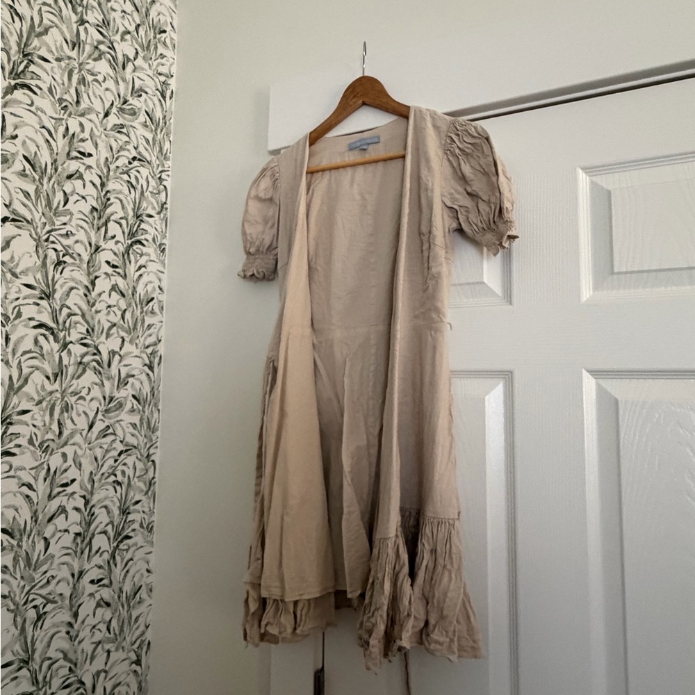 ANTONIO MELANI Beige Puff-Sleeve Ruffle Midi Dress